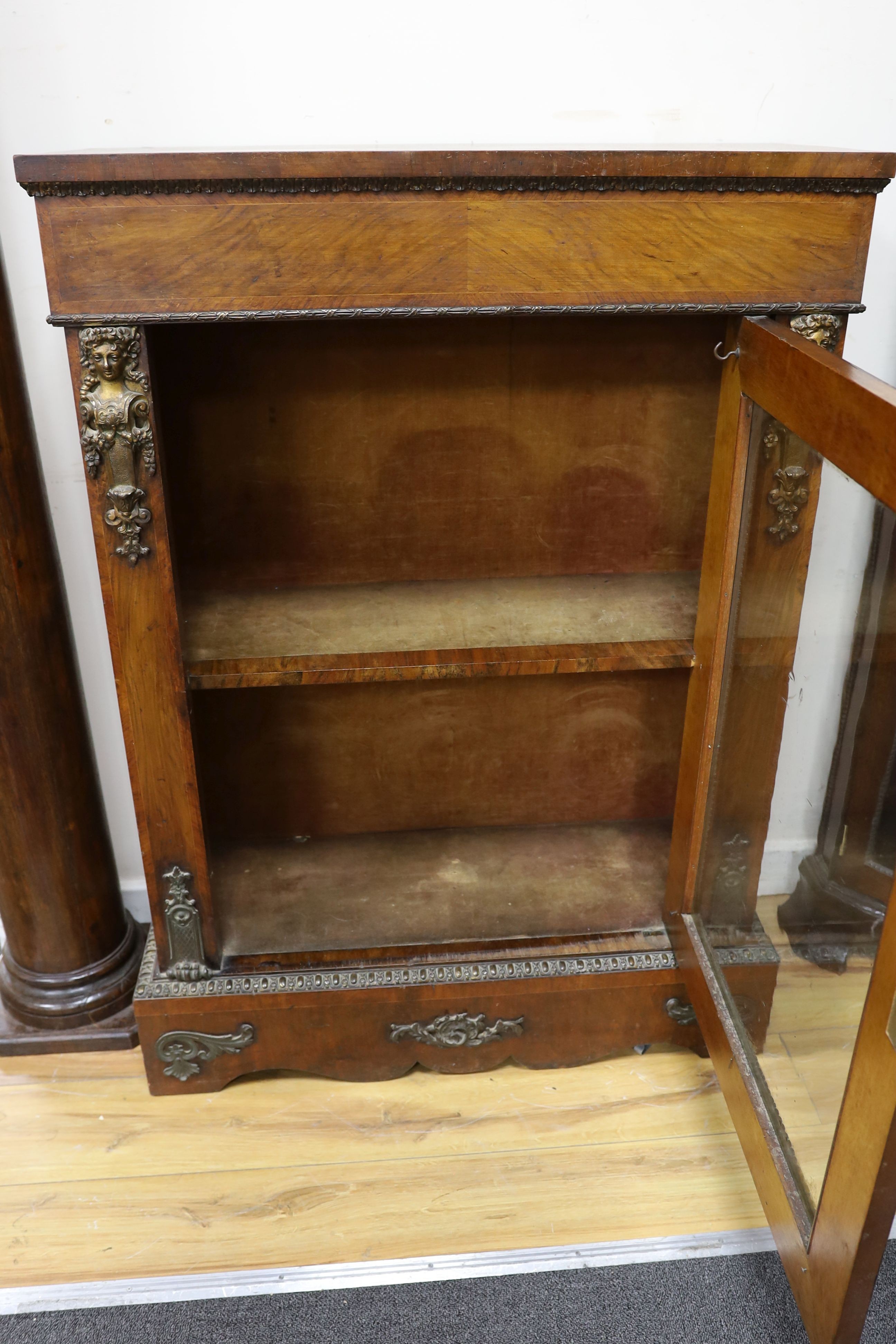 A Victorian gilt metal mounted walnut pier cabinet, width 80cm, depth 32cm, height 112cm